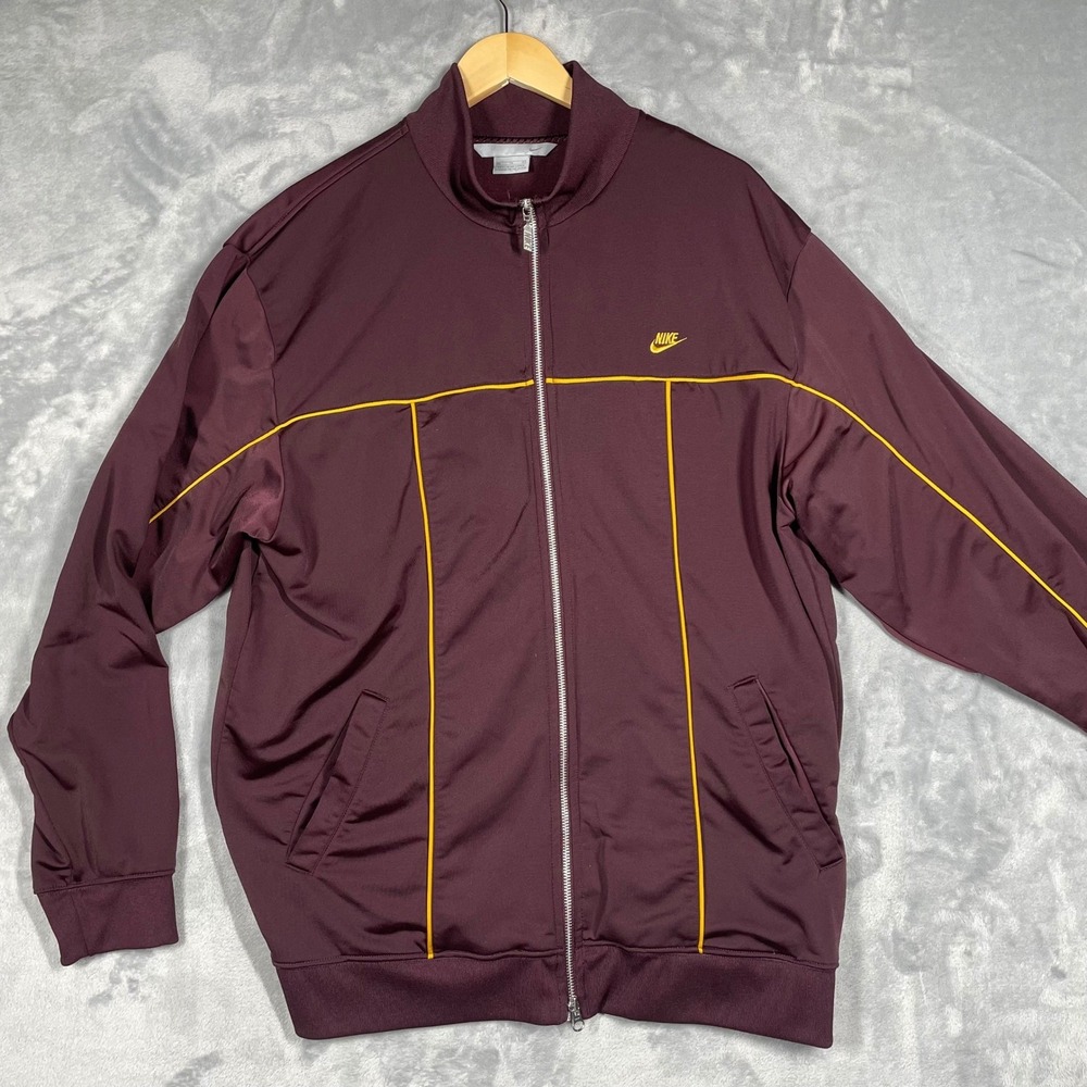 Nike Mens Track Jacket Burgundy Yellow Piping Full Zip Mock Neck XL Vintage